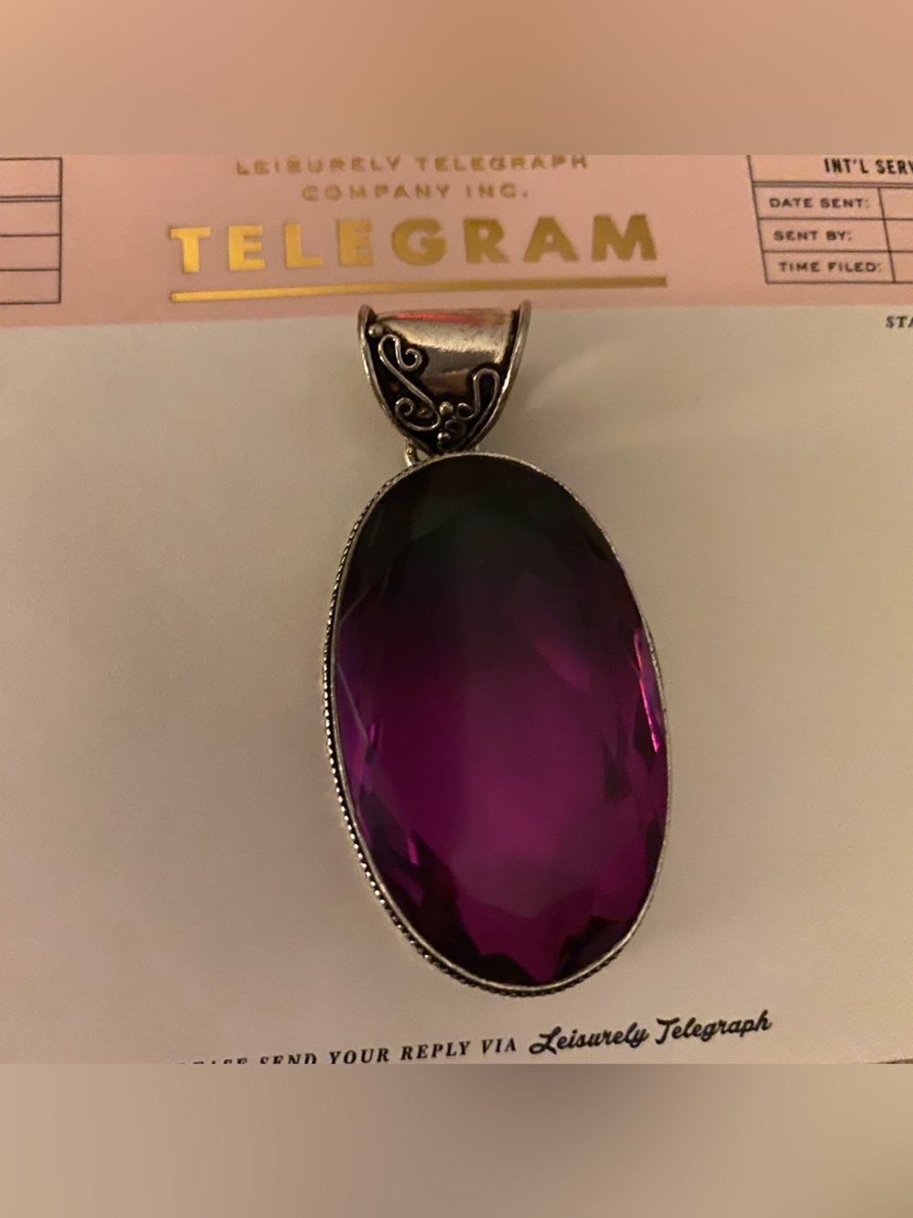 Purple Oval Crystal Pendant Necklace - Silver 925 Setting
